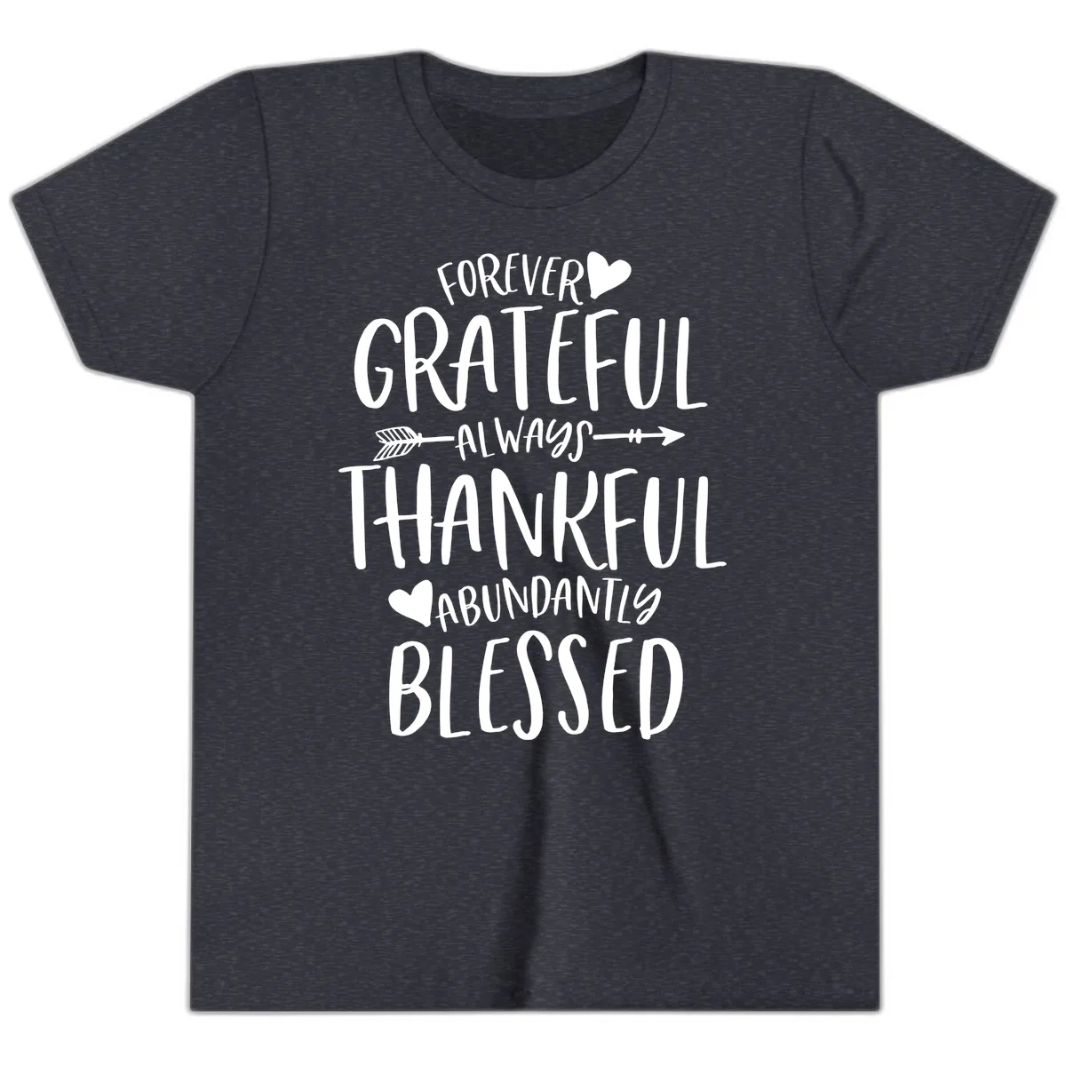 Forever Grateful Always Thankful Blessed Youth T-Shirt in Heather Navy