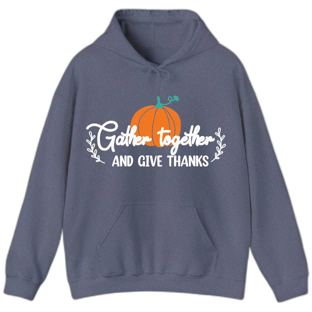 Gather Together And Give Thanks Pumpkin Hoodie in Heather Navy