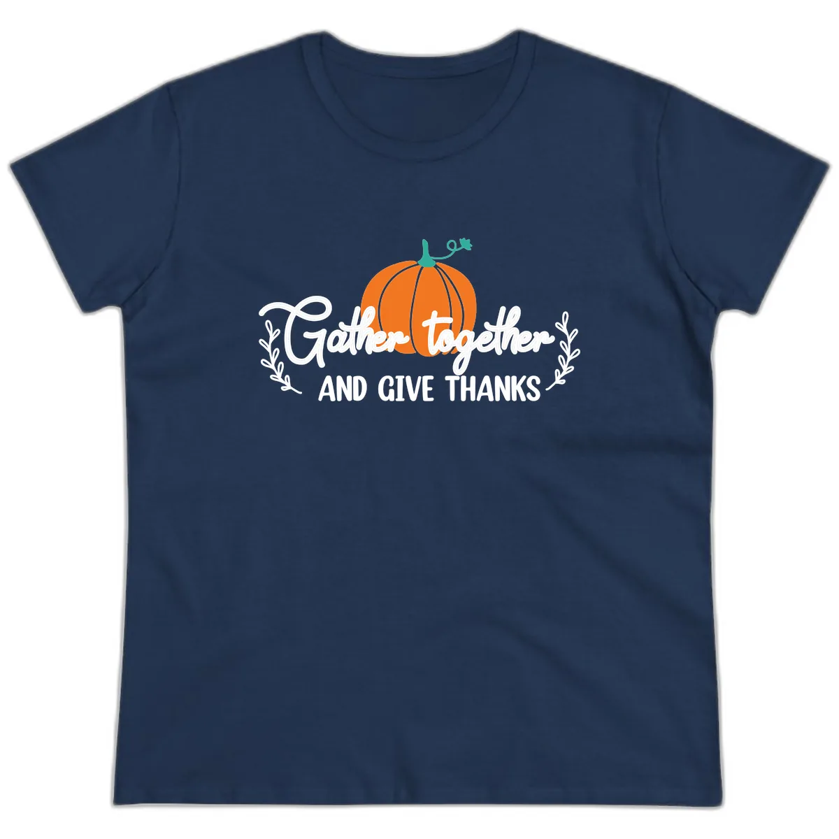 Gather Together And Give Thanks Pumpkin Ladies Tee in Navy