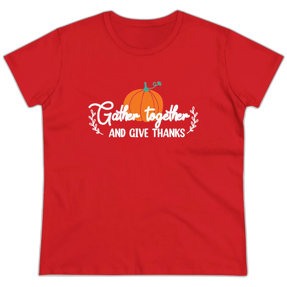 Gather Together And Give Thanks Pumpkin Ladies Tee in Red