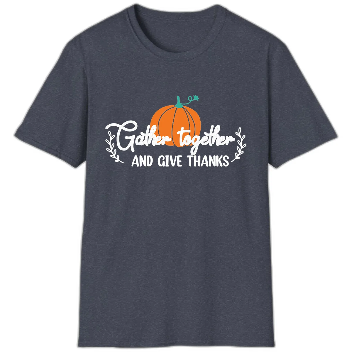 Gather Together And Give Thanks Pumpkin T-Shirt in Heather Navy