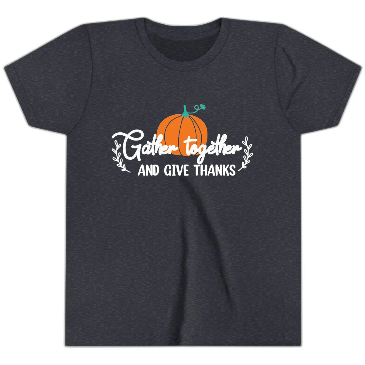 Gather Together And Give Thanks Pumpkin Youth T-Shirt in Heather Navy