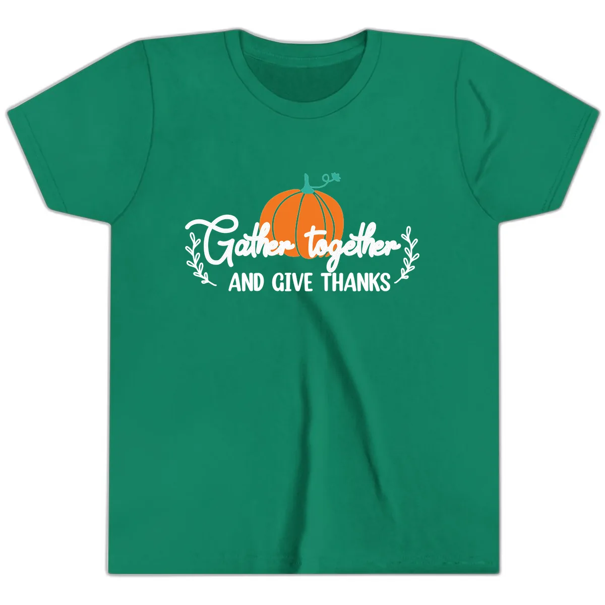 Gather Together And Give Thanks Pumpkin Youth T-Shirt in Kelly