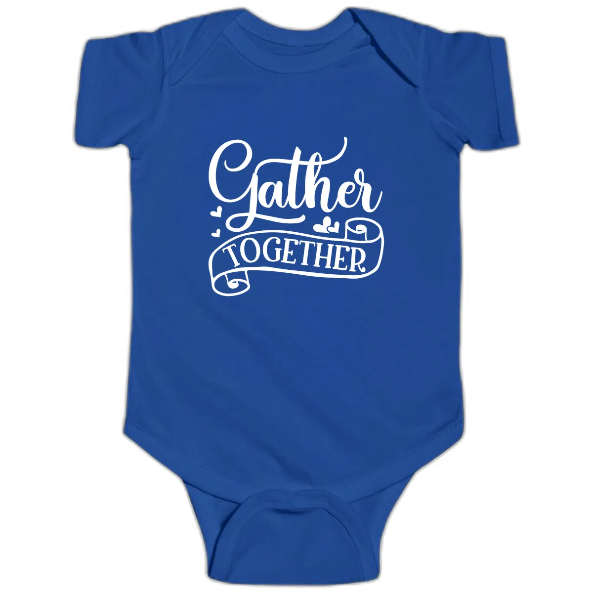 Gather Together Family Script Design Baby Onesie in Royal