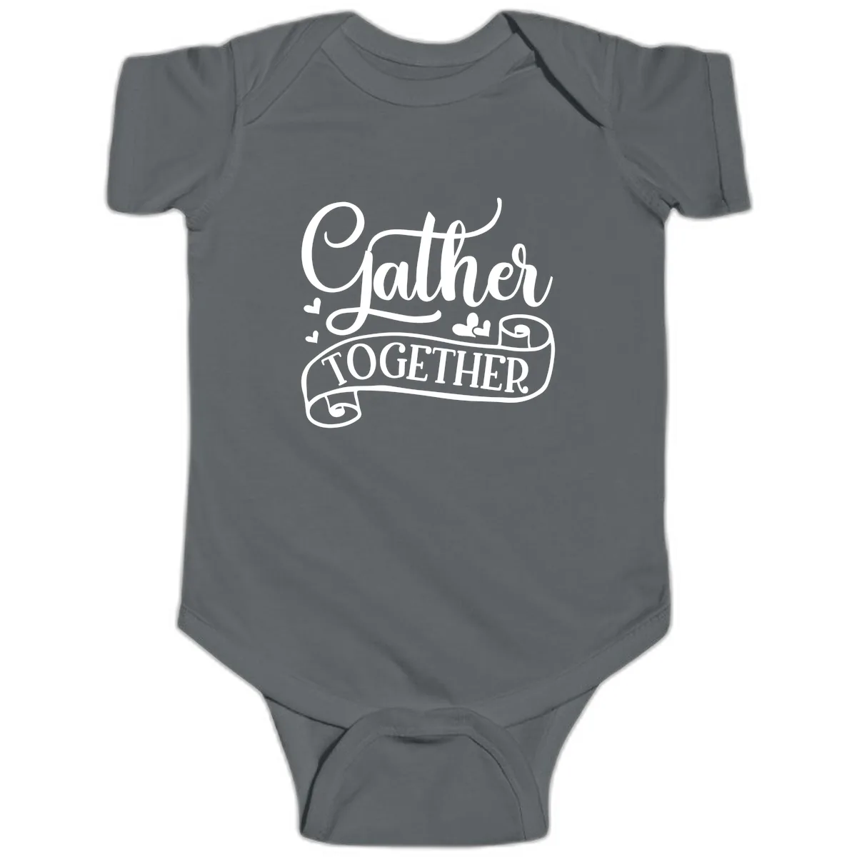 Gather Together Family Script Design Baby Onesie in Charcoal
