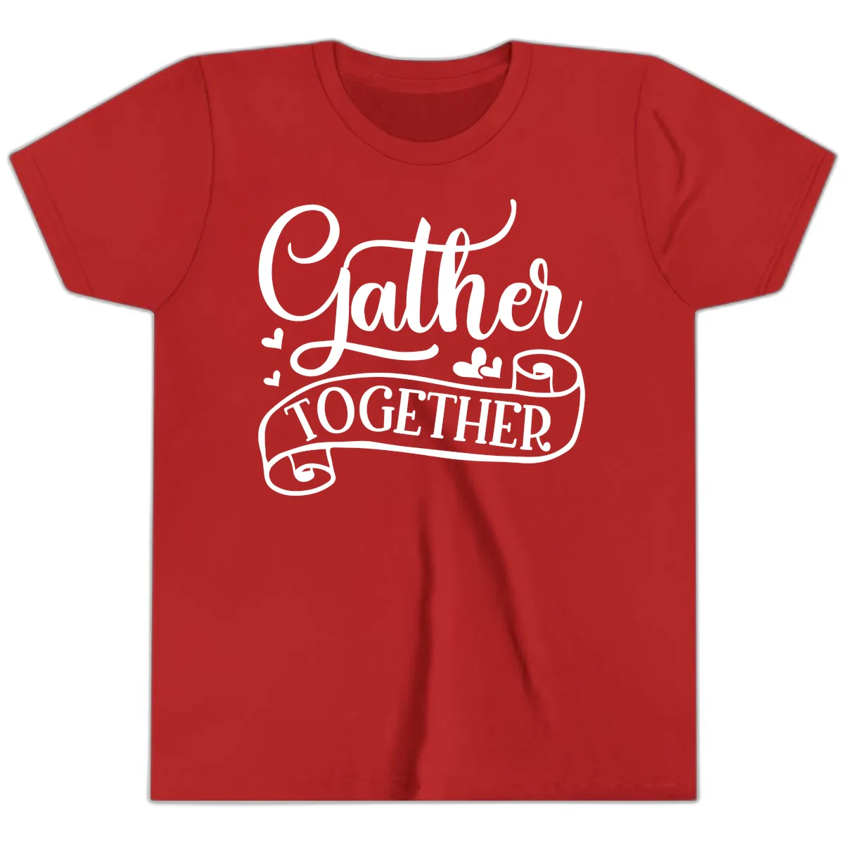 Gather Together Family Script Design Youth T-Shirt in Red