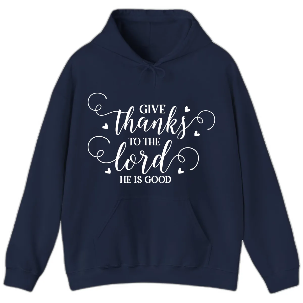 Give Thanks To The Lord Christian Typography Hoodie in Navy