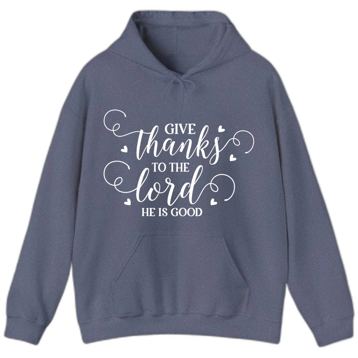 Give Thanks To The Lord Christian Typography Hoodie in Heather Navy