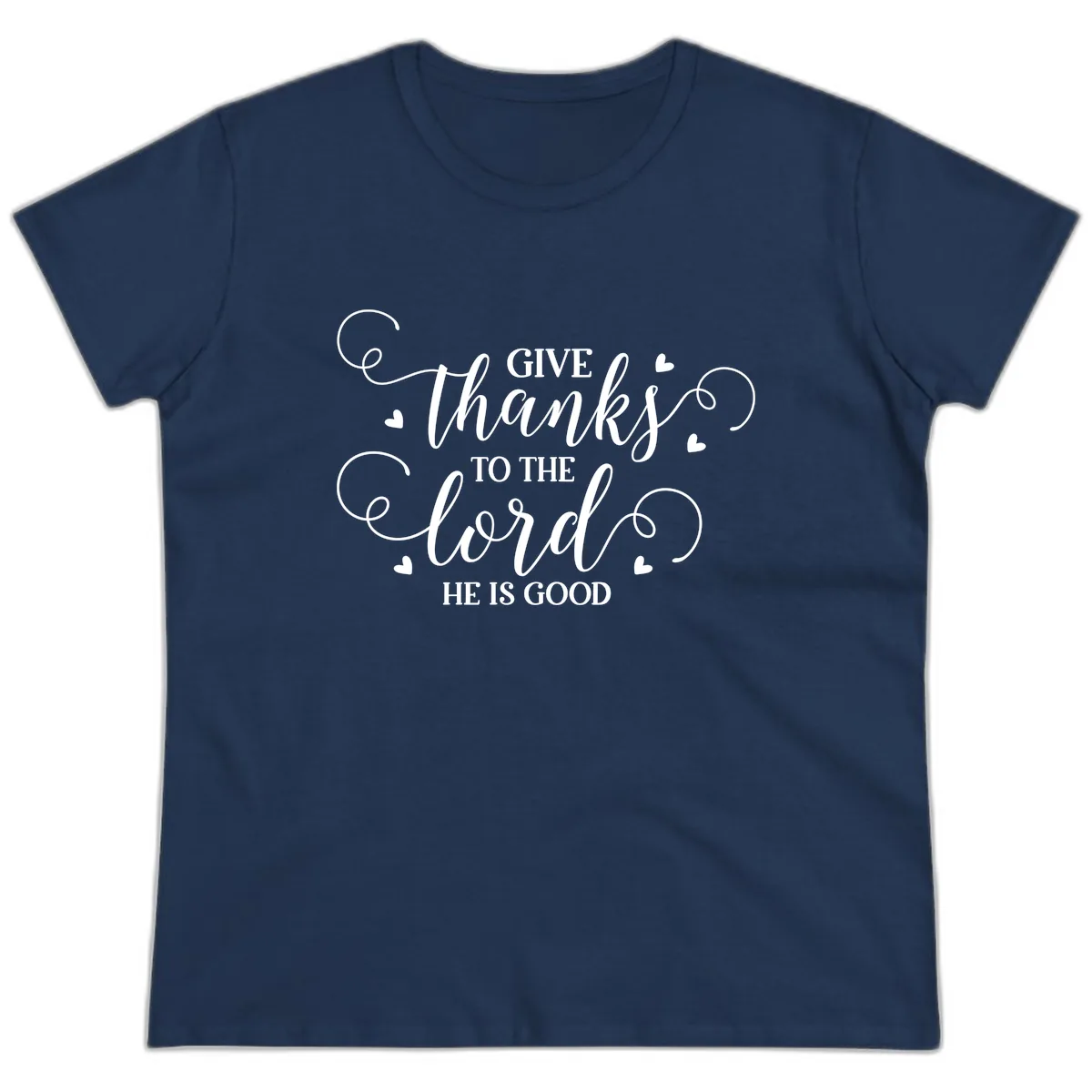 Give Thanks To The Lord Christian Typography Ladies Tee in Navy