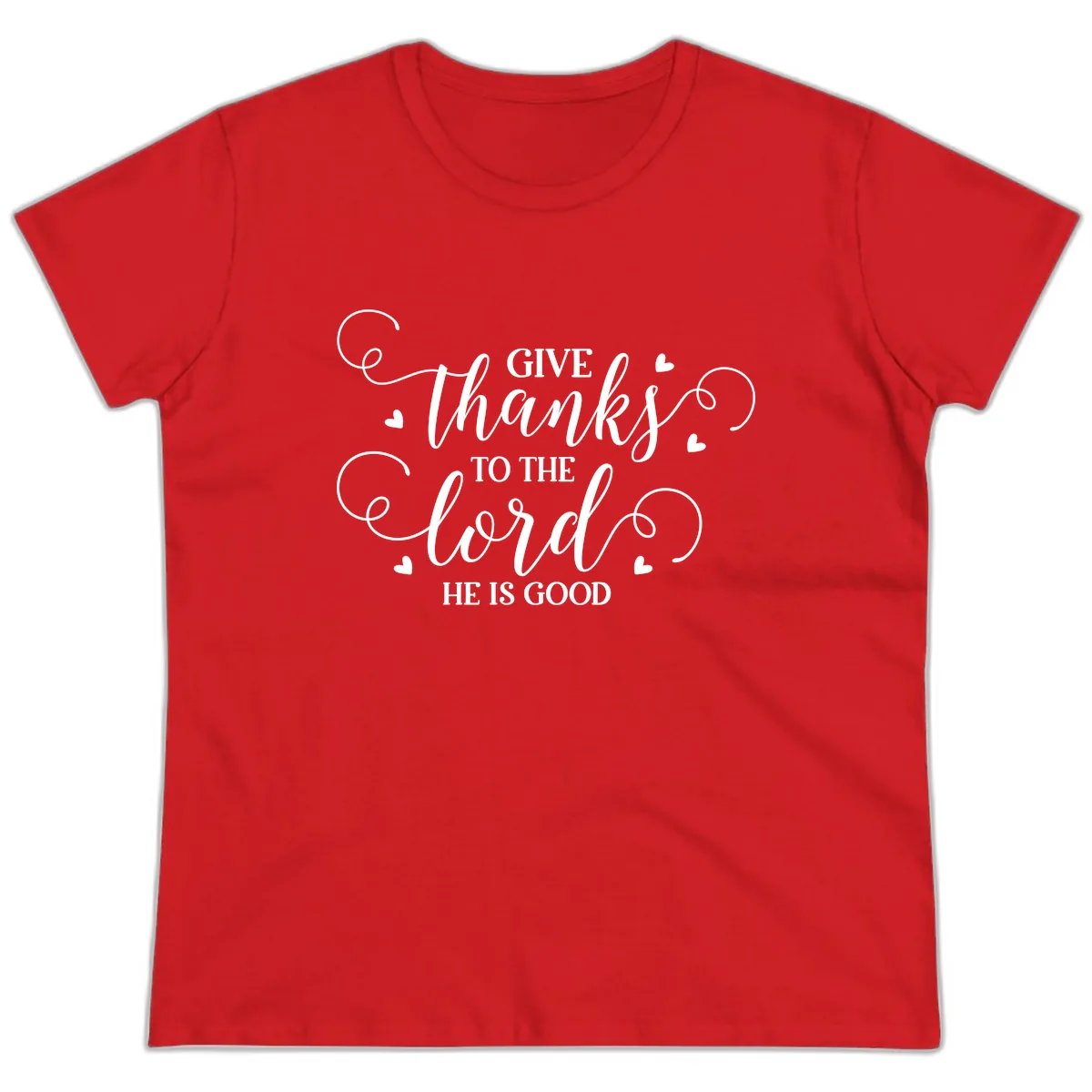 Give Thanks To The Lord Christian Typography Ladies Tee in Red