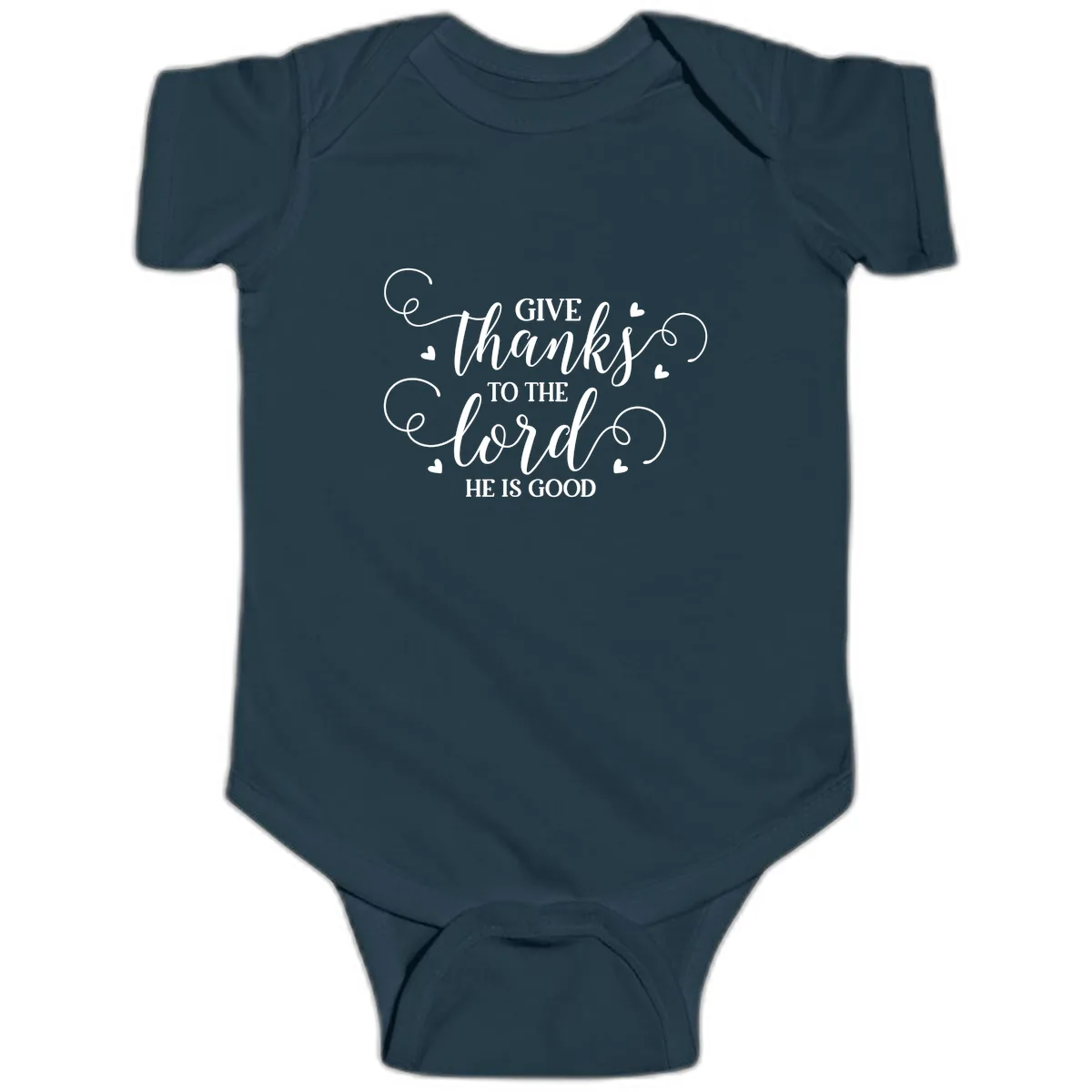Give Thanks To The Lord Christian Typography Baby Onesie in Navy