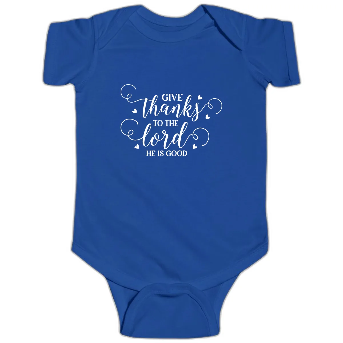 Give Thanks To The Lord Christian Typography Baby Onesie in Royal