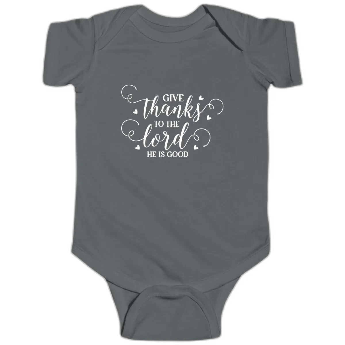 Give Thanks To The Lord Christian Typography Baby Onesie in Charcoal