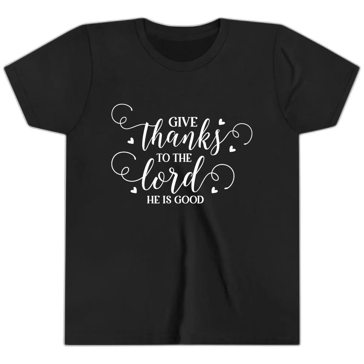 Give Thanks To The Lord Christian Typography Youth T-Shirt in Black