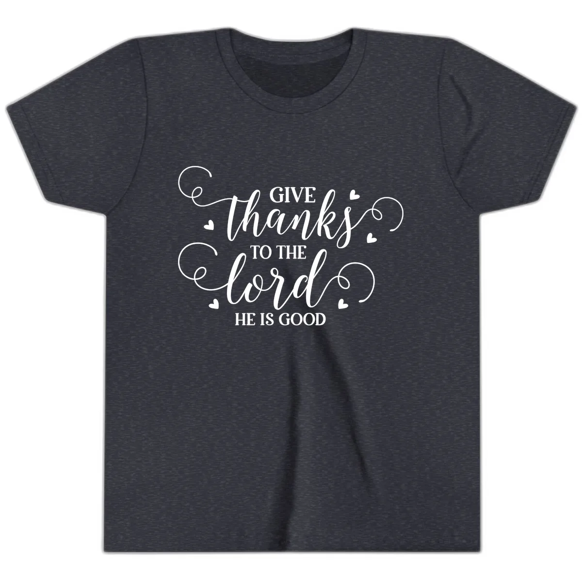 Give Thanks To The Lord Christian Typography Youth T-Shirt in Heather Navy