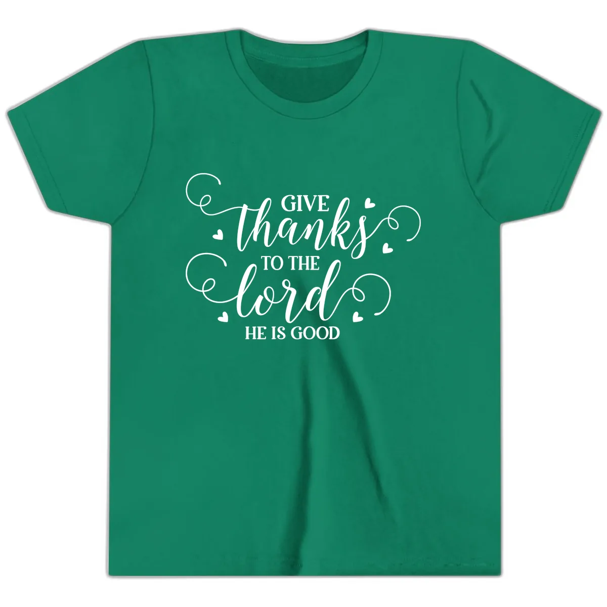 Give Thanks To The Lord Christian Typography Youth T-Shirt in Kelly
