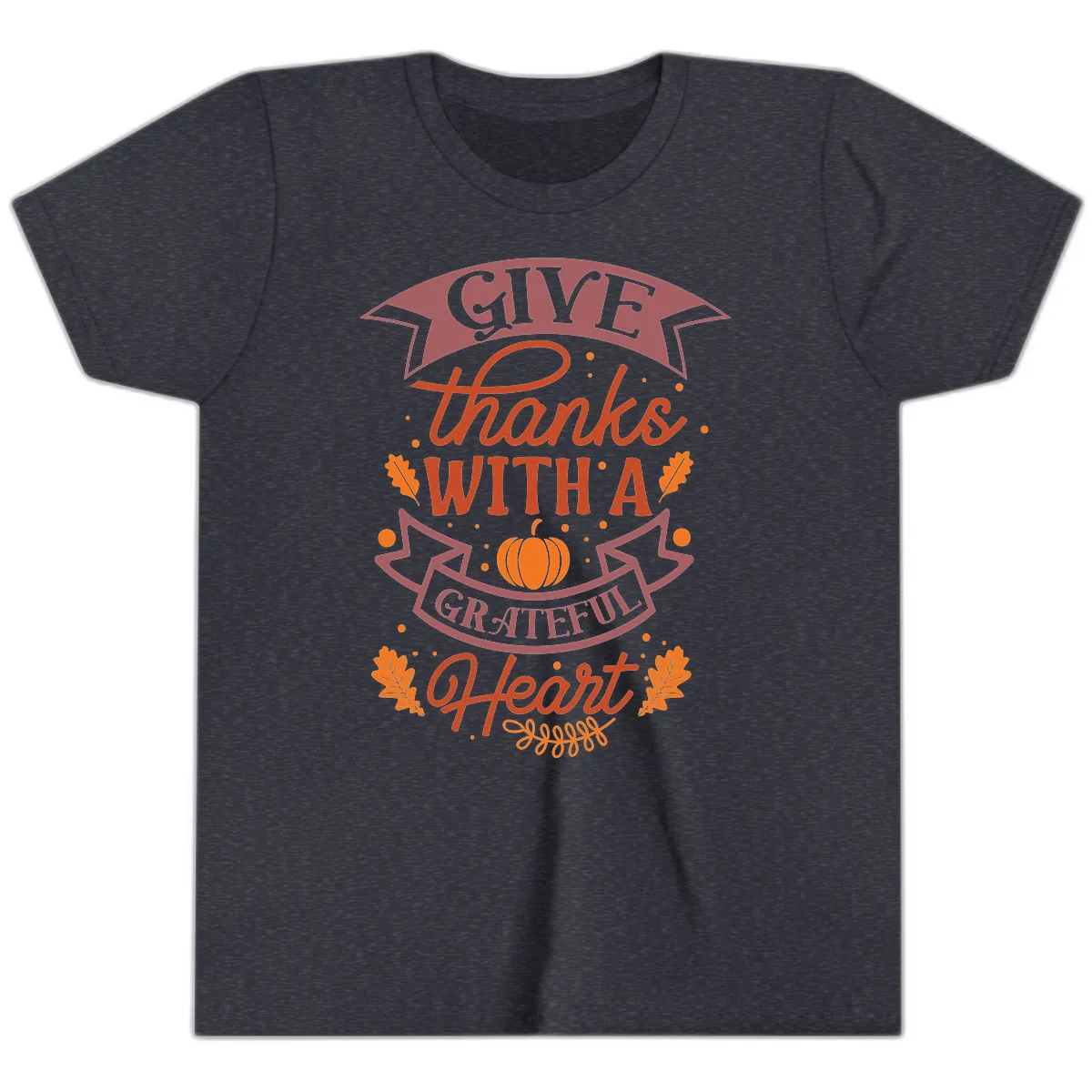 Give Thanks With A Grateful Heart Thanksgiving Youth T-Shirt in Heather Navy