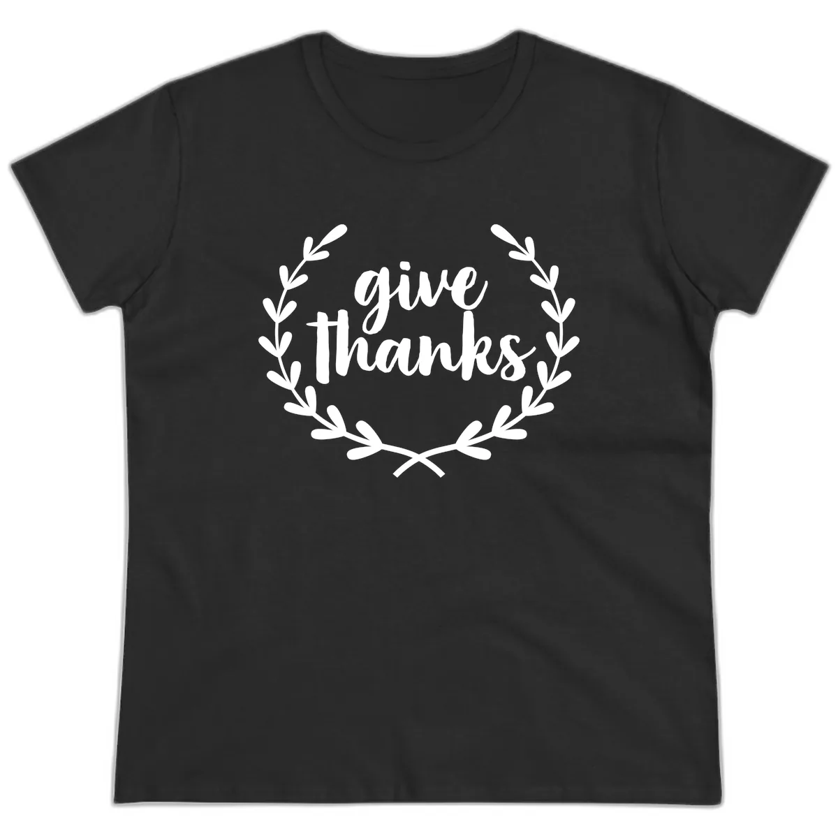 Give Thanks Laurel Wreath Ladies Tee in Black