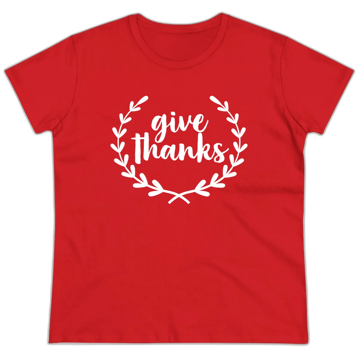 Give Thanks Laurel Wreath Ladies Tee in Red