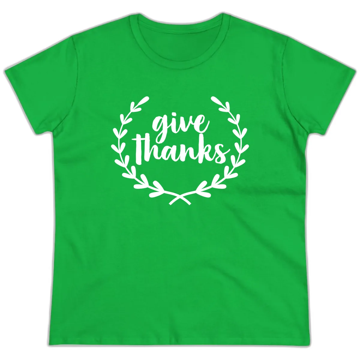 Give Thanks Laurel Wreath Ladies Tee in Irish Green