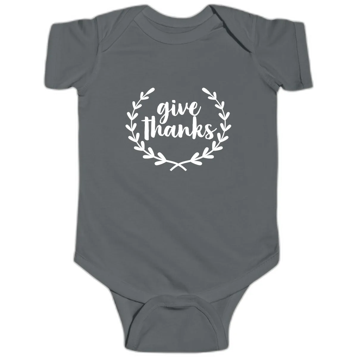 Give Thanks Laurel Wreath Baby Onesie in Charcoal