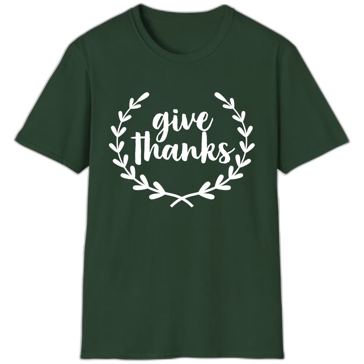 Give Thanks Laurel Wreath T-Shirt in Forest Green