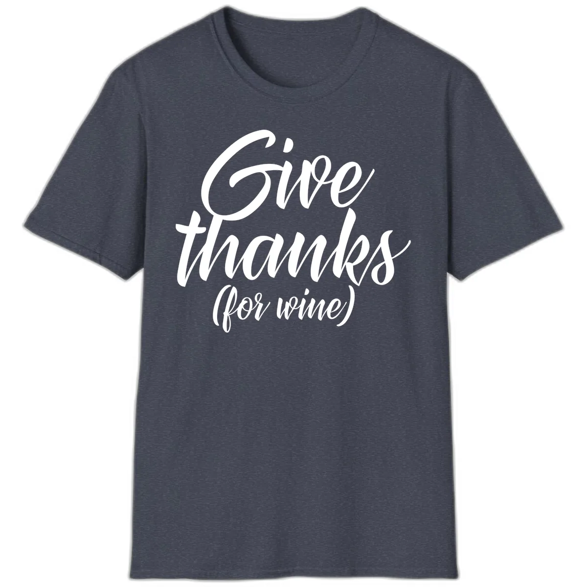 Give Thanks For Wine Typography T-Shirt in Heather Navy