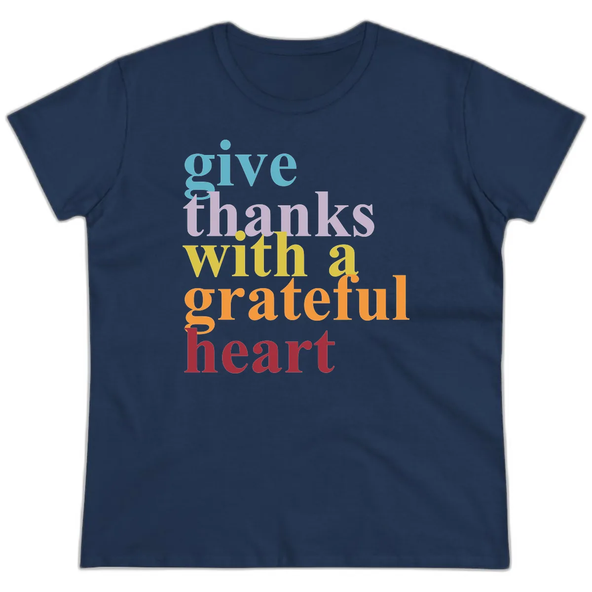 Give Thanks With A Grateful Heart Typography Ladies Tee in Navy