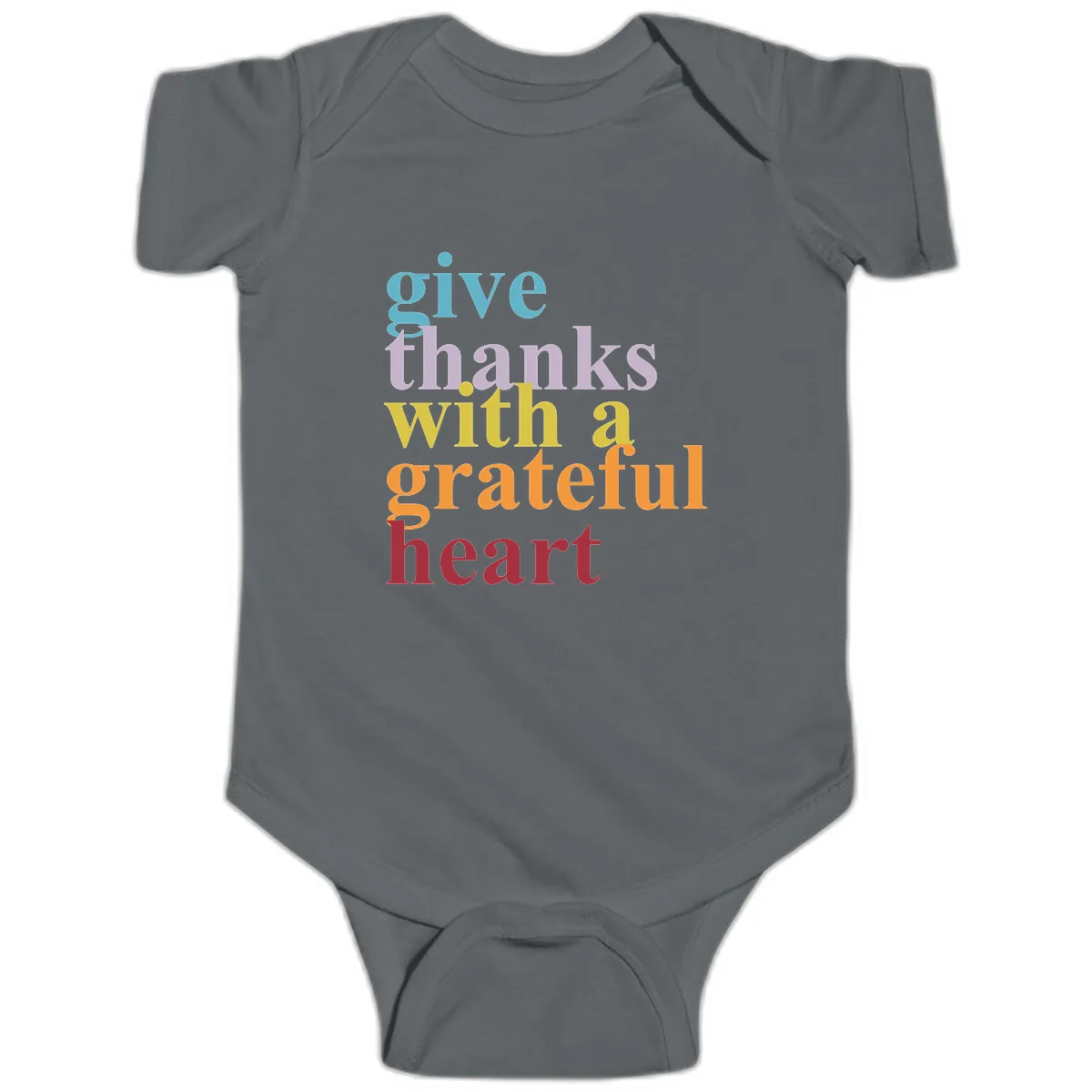 Give Thanks With A Grateful Heart Typography Baby Onesie in Charcoal