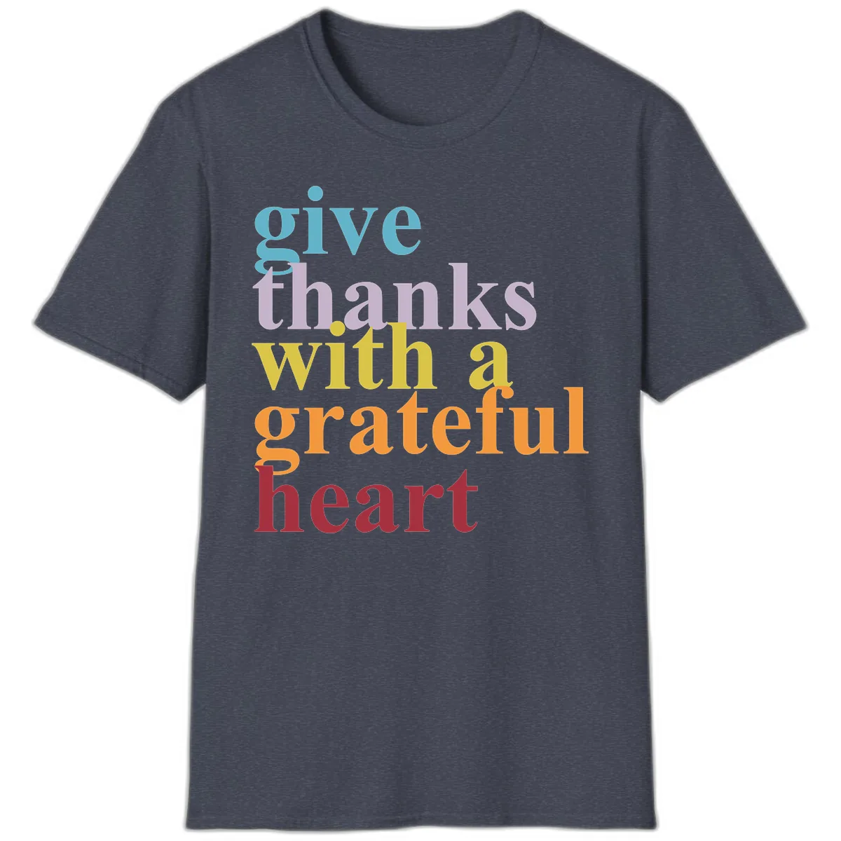 Give Thanks With A Grateful Heart Typography T-Shirt in Heather Navy
