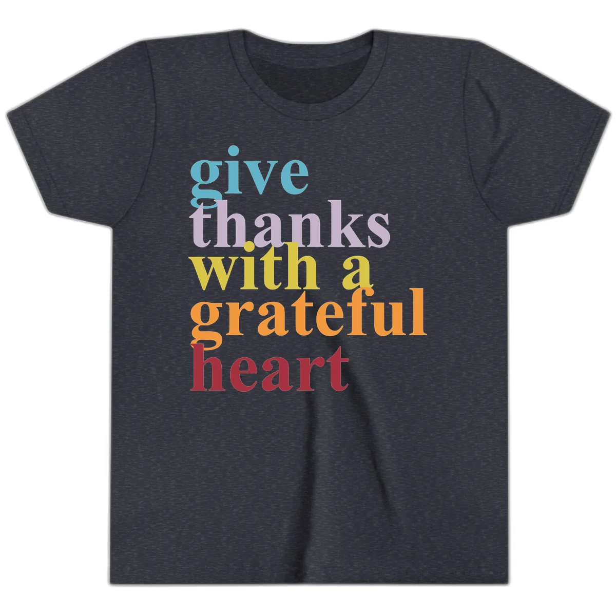 Give Thanks With A Grateful Heart Typography Youth T-Shirt in Heather Navy