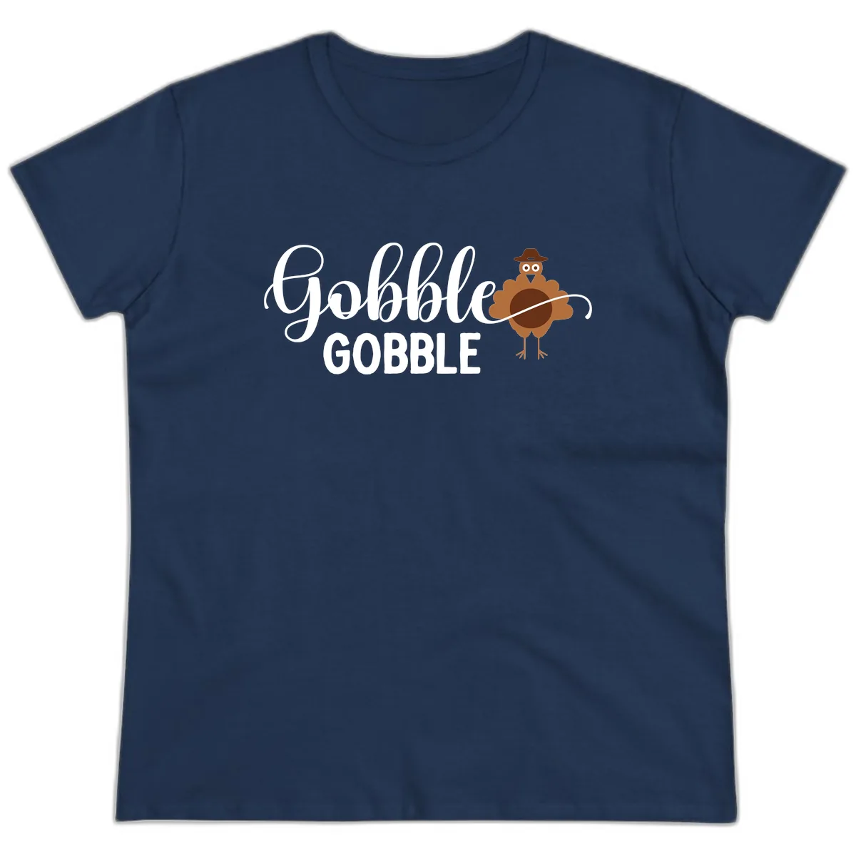 Gobble Gobble Turkey Thanksgiving Celebration Ladies Tee in Navy