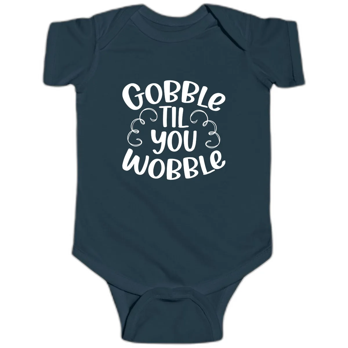 Gobble Til You Wobble Thanksgiving Quote Baby Onesie in Navy