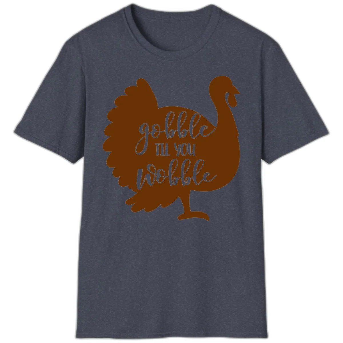 Gobble Til You Wobble Turkey Thanksgiving T-Shirt in Heather Navy