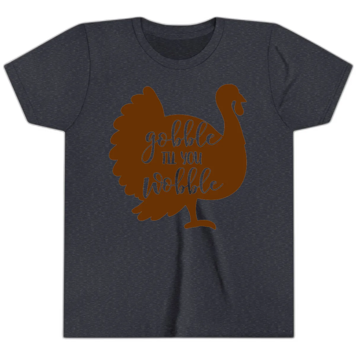 Gobble Til You Wobble Turkey Thanksgiving Youth T-Shirt in Heather Navy