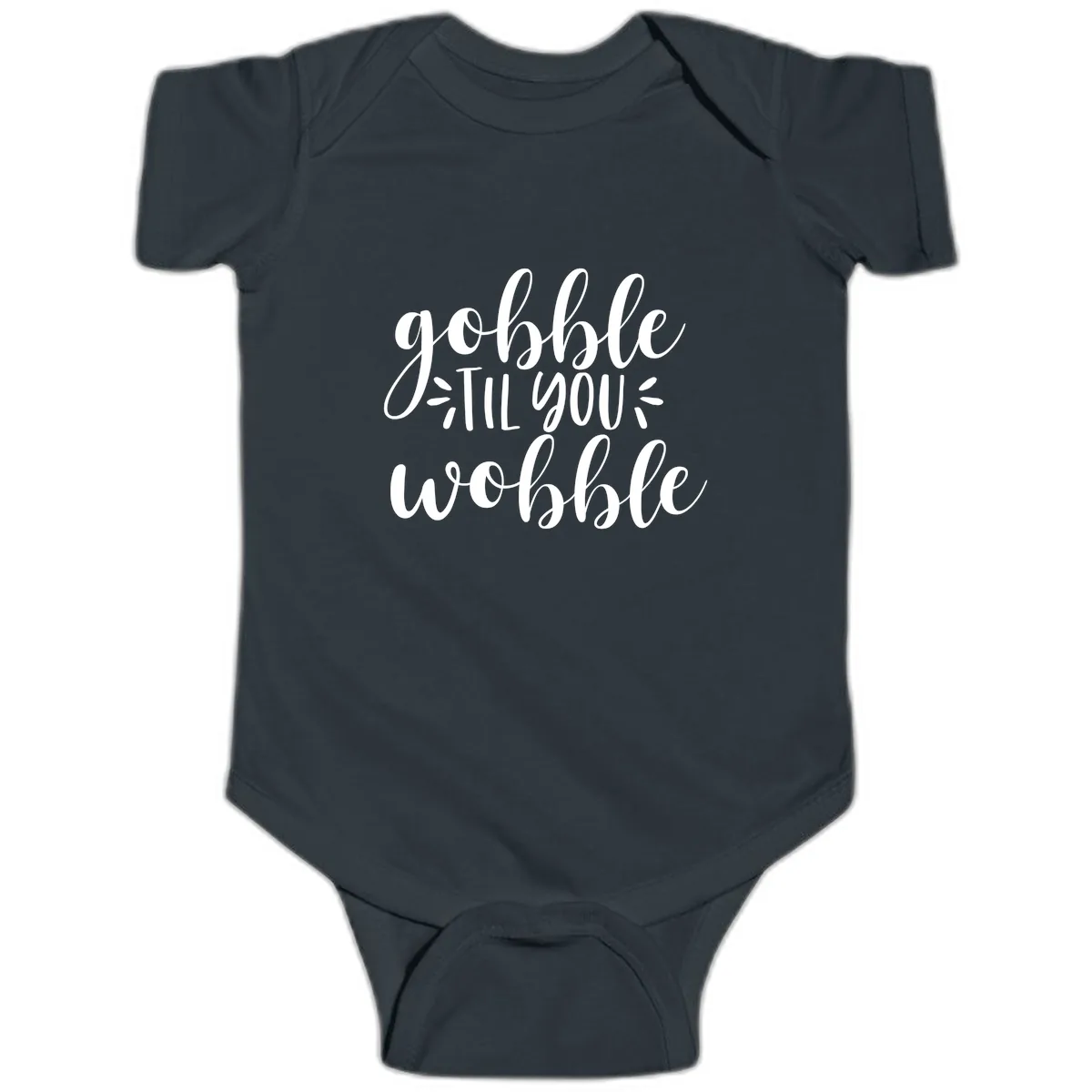 Gobble Til You Wobble Thanksgiving Phrase Baby Onesie in Black