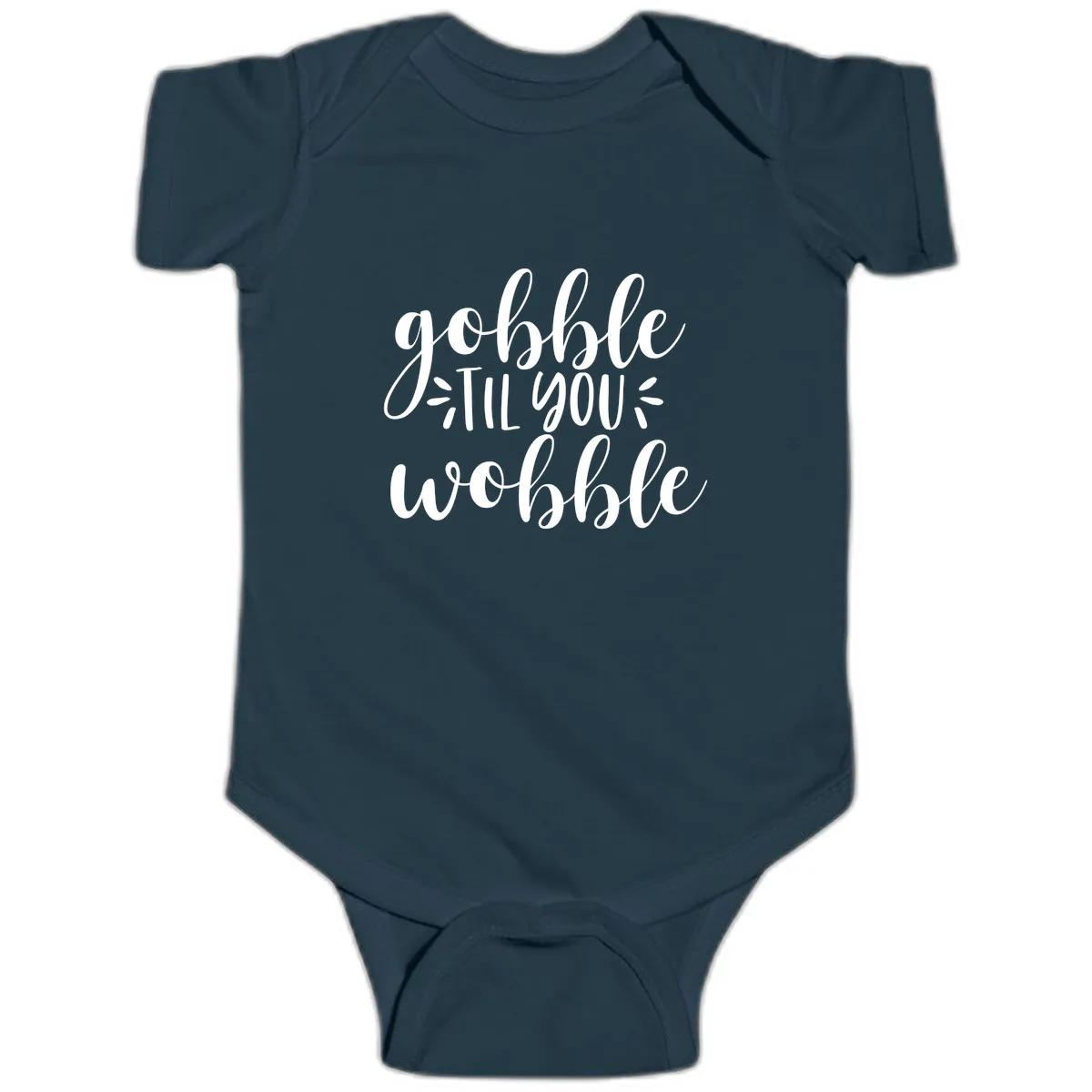 Gobble Til You Wobble Thanksgiving Phrase Baby Onesie in Navy