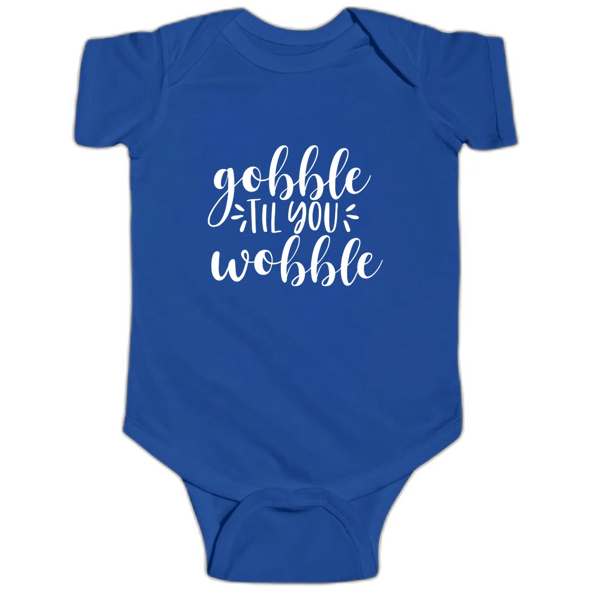 Gobble Til You Wobble Thanksgiving Phrase Baby Onesie in Royal