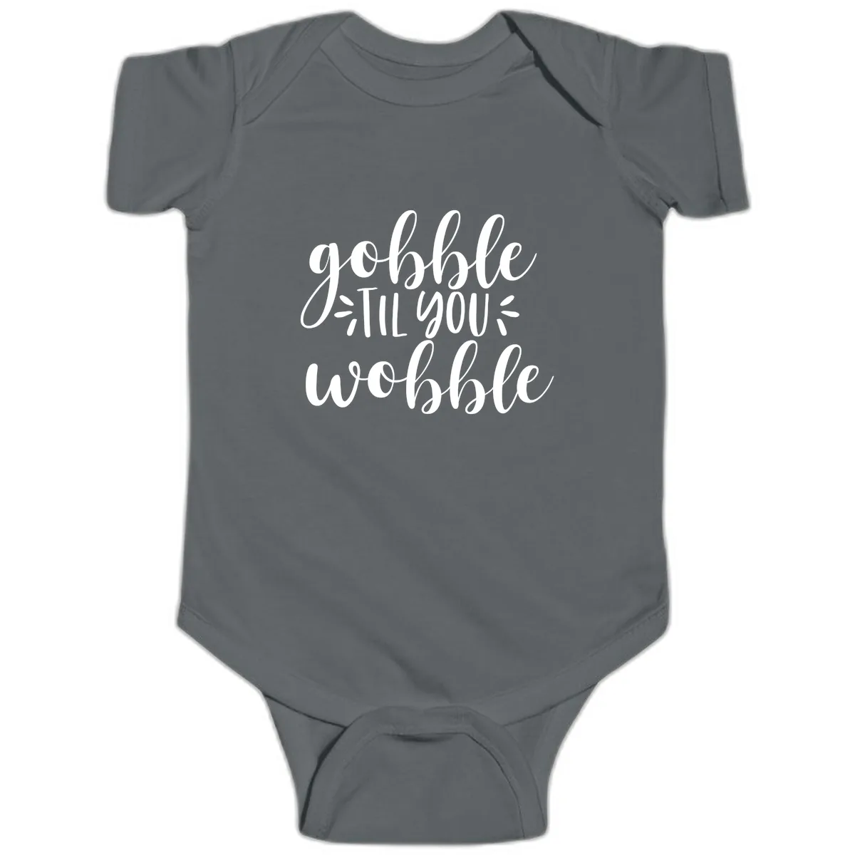 Gobble Til You Wobble Thanksgiving Phrase Baby Onesie in Charcoal