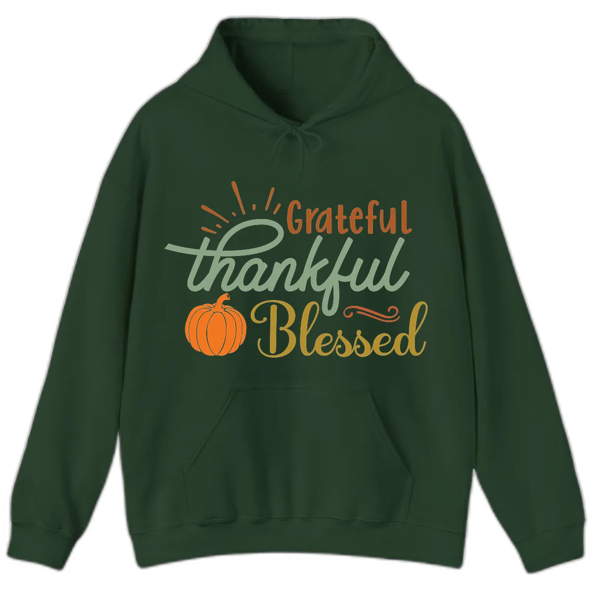 Grateful Thankful Blessed Pumpkin Design Hoodie in Forest Green