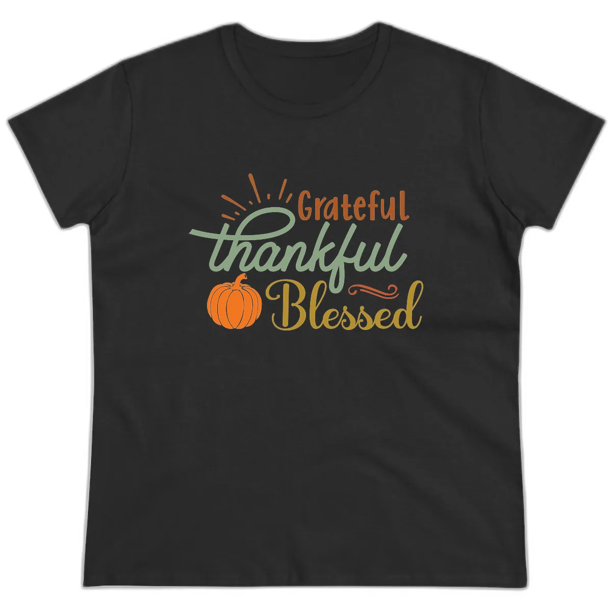 Grateful Thankful Blessed Pumpkin Design Ladies Tee in Black