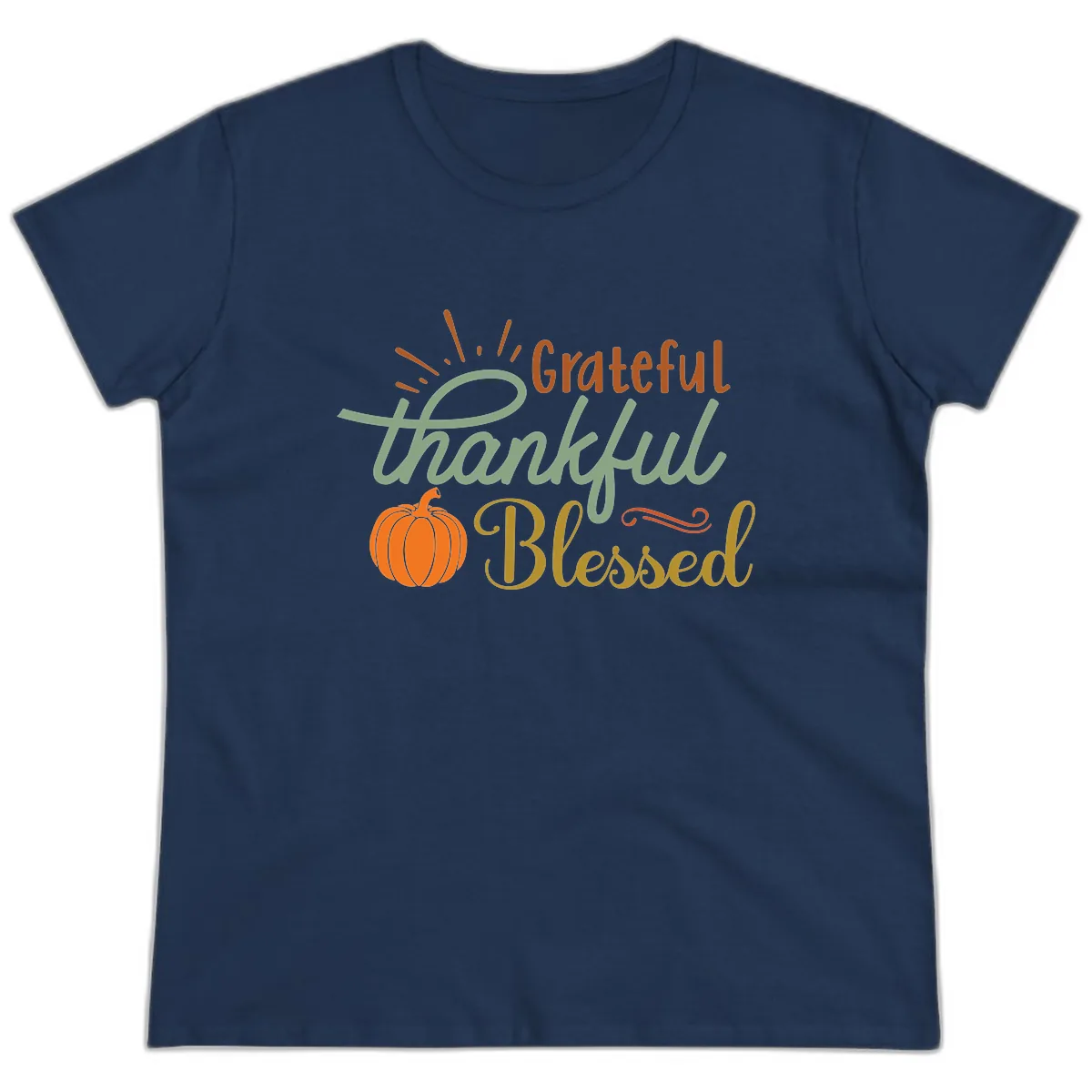 Grateful Thankful Blessed Pumpkin Design Ladies Tee in Navy
