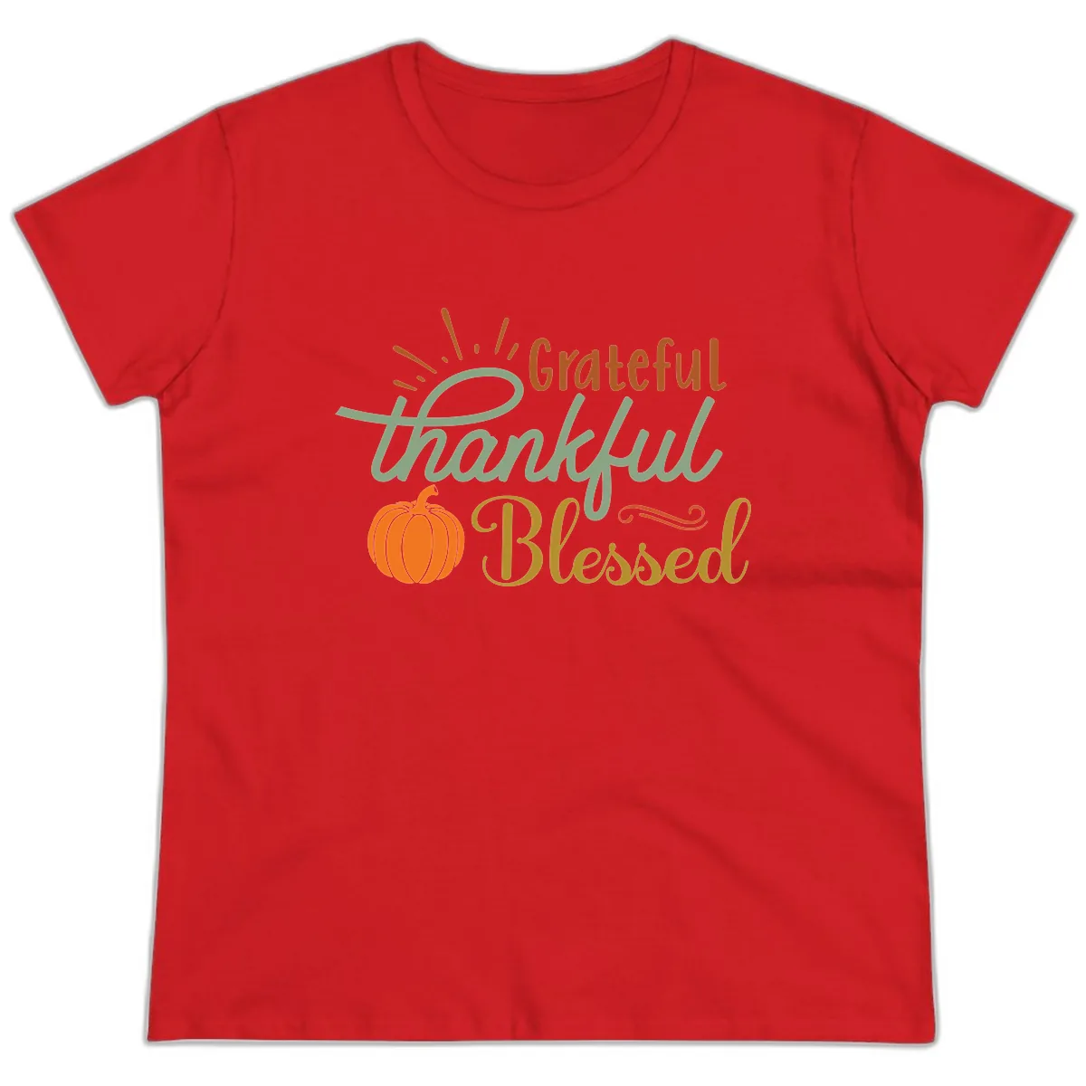 Grateful Thankful Blessed Pumpkin Design Ladies Tee in Red