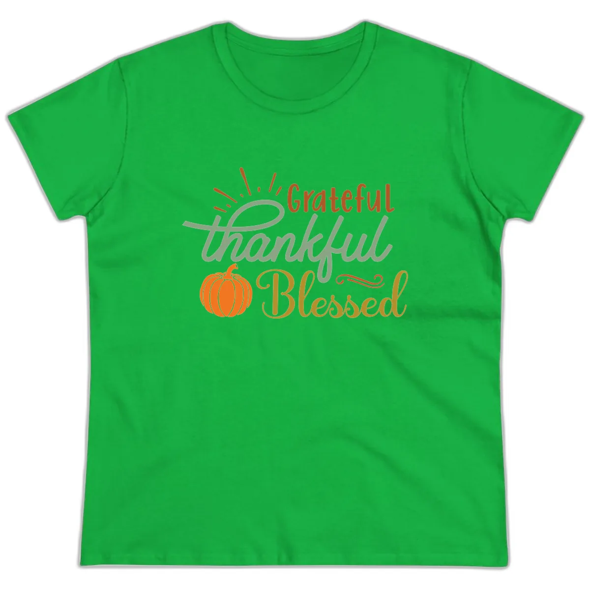 Grateful Thankful Blessed Pumpkin Design Ladies Tee in Irish Green