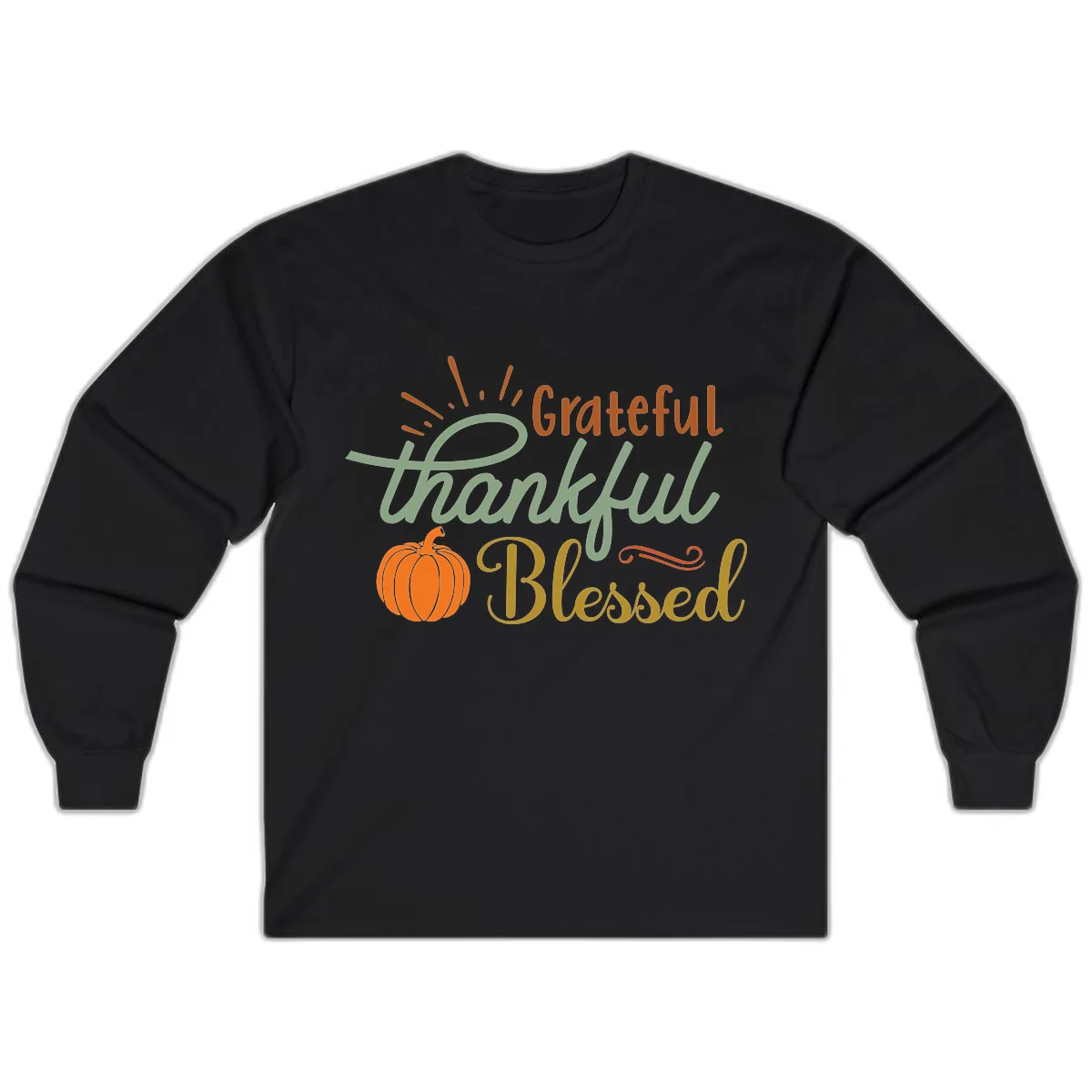 Grateful Thankful Blessed Pumpkin Design Long Sleeve in Black