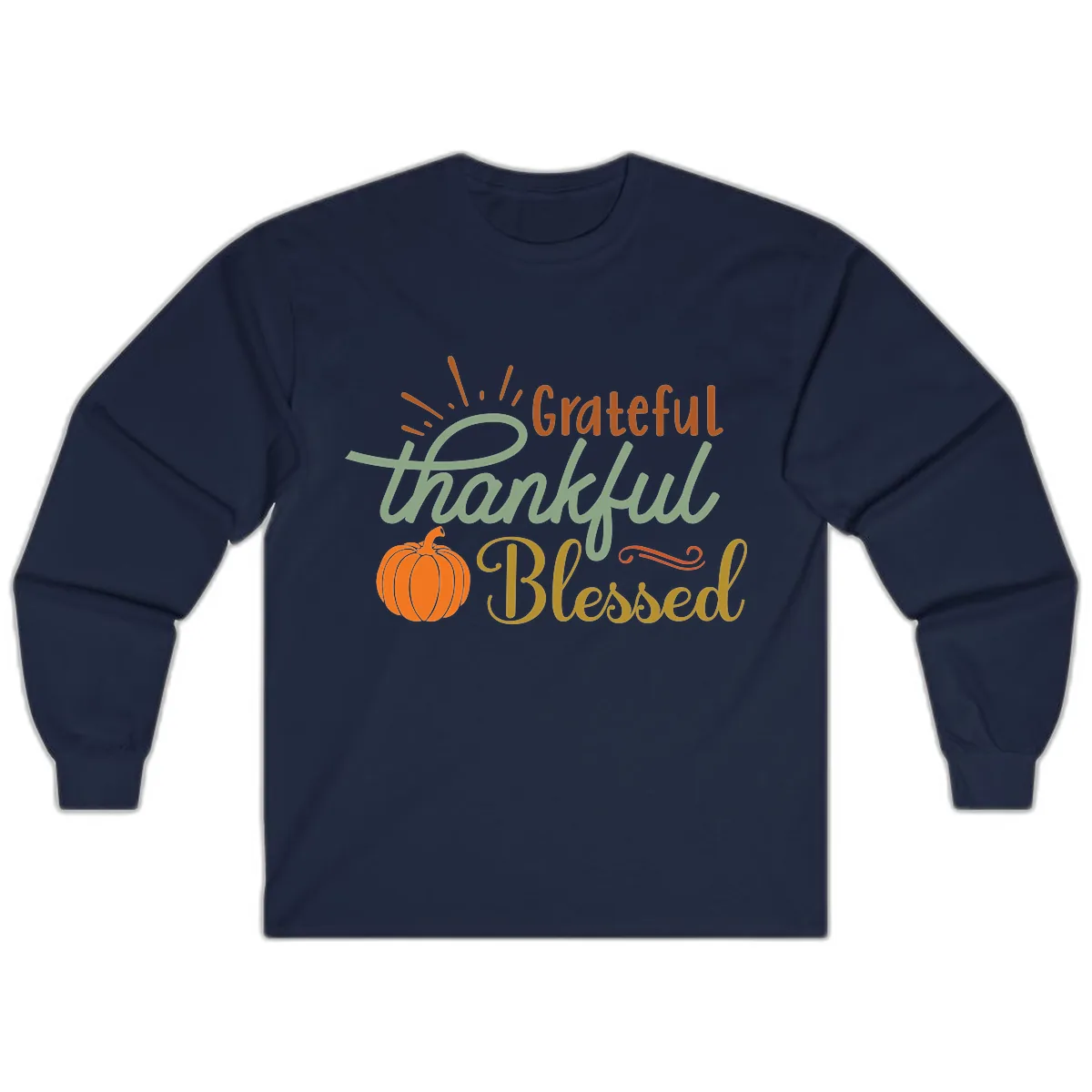 Grateful Thankful Blessed Pumpkin Design Long Sleeve in Navy