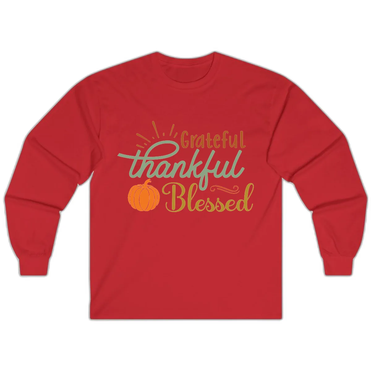 Grateful Thankful Blessed Pumpkin Design Long Sleeve in Red