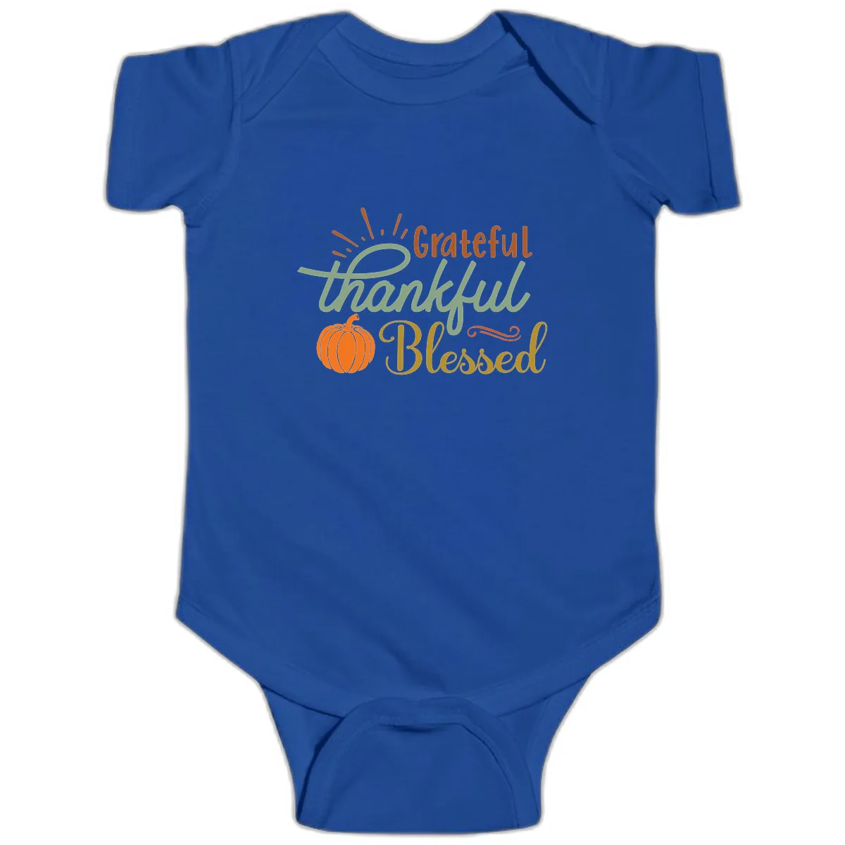 Grateful Thankful Blessed Pumpkin Design Baby Onesie in Royal