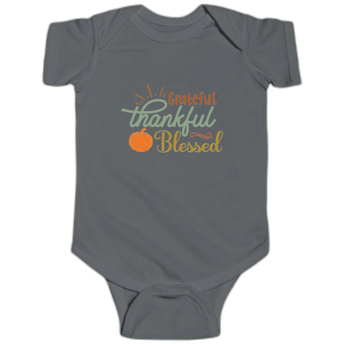 Grateful Thankful Blessed Pumpkin Design Baby Onesie in Charcoal