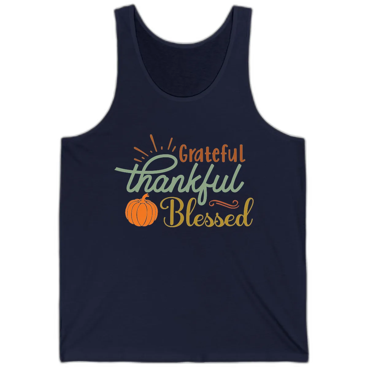 Grateful Thankful Blessed Pumpkin Design Tank in Navy